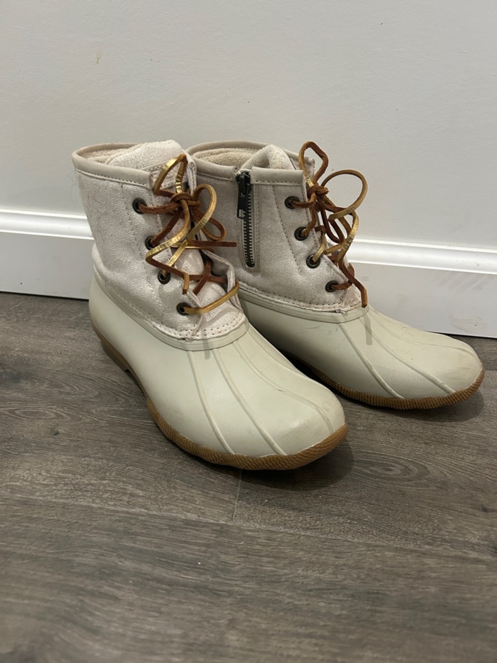 Sperry Cream Duck Boots with Gold Laces